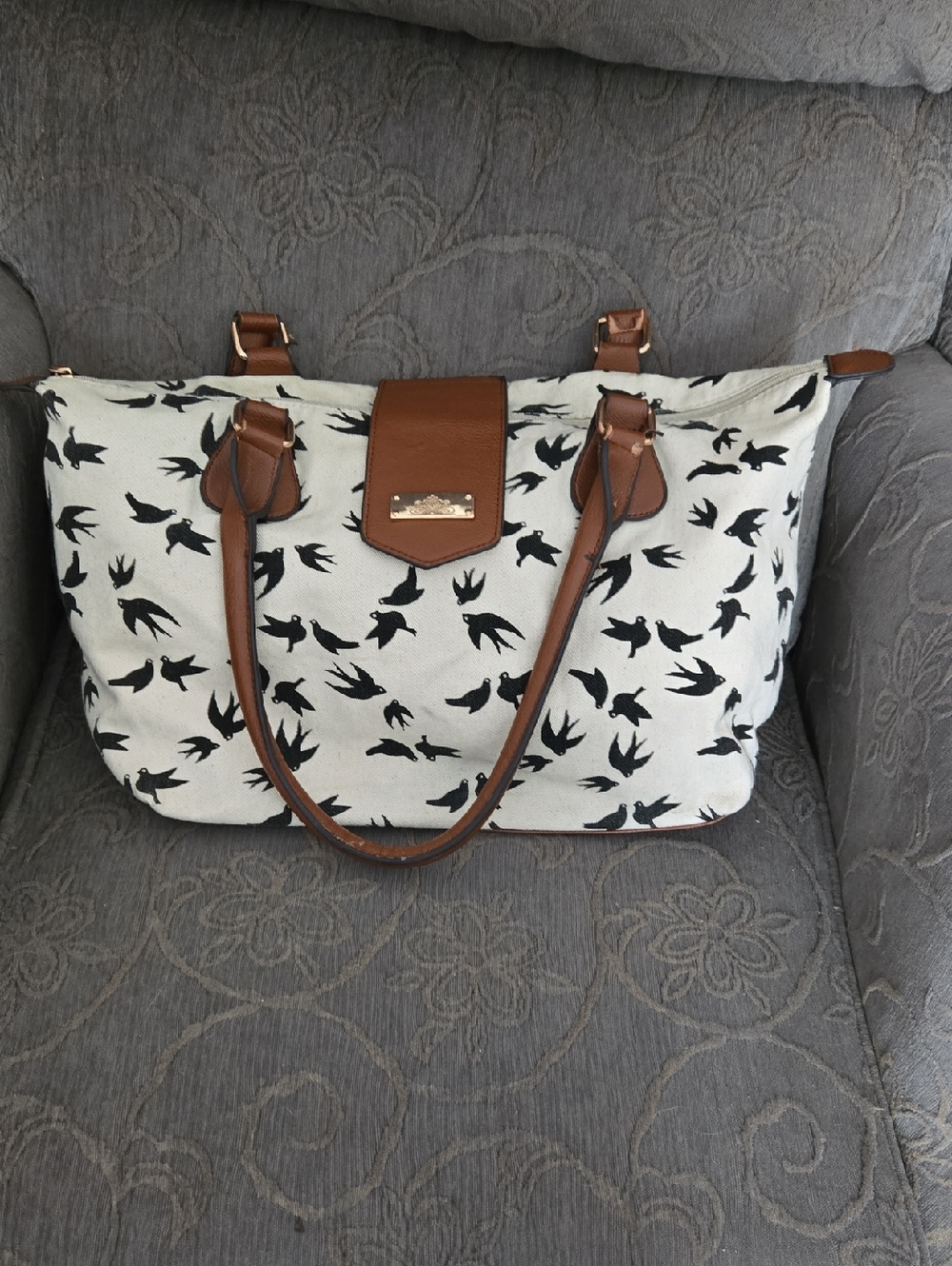 Call It Spring White Canvas Tote with Black Bird Print and Brown Trim